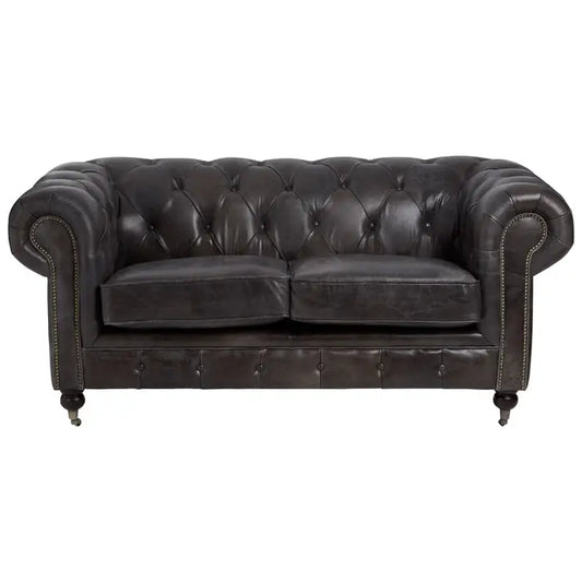Chesterfield style 2 seater, grey leather sofa with studded detail.
