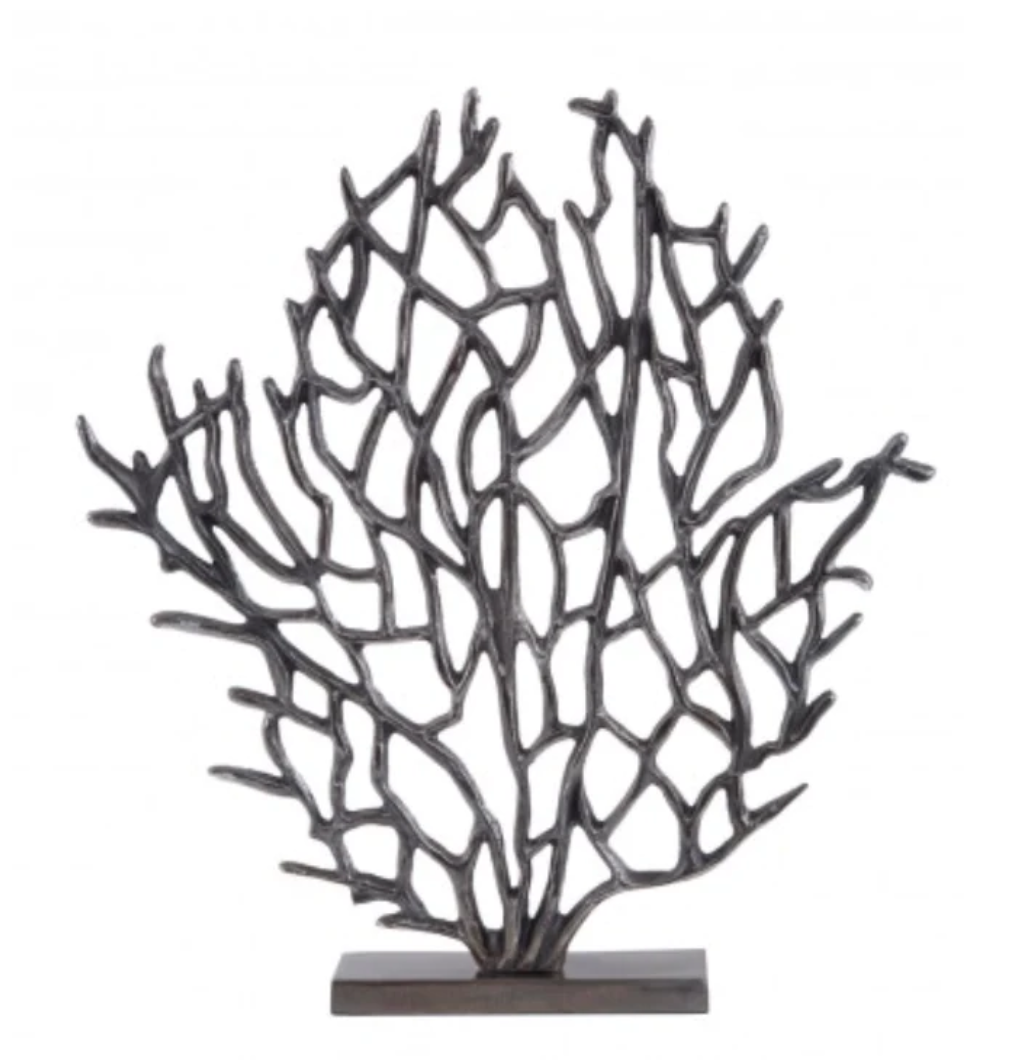 Alina branch stands on a slim rectangular stand, and the sculpture spreads its branches upwards and outwards with plain white background.