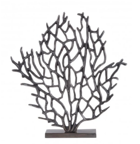 Alina branch stands on a slim rectangular stand, and the sculpture spreads its branches upwards and outwards with plain white background.