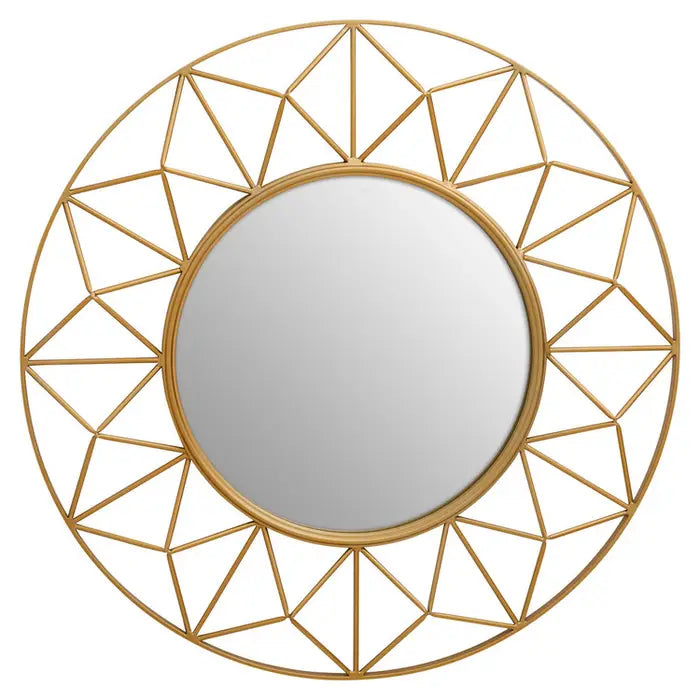 The wall mirror has a golden geometric frame with a round mirror, using symmetry to imitate the sun.  Dimensions; H71 x L5 x W71