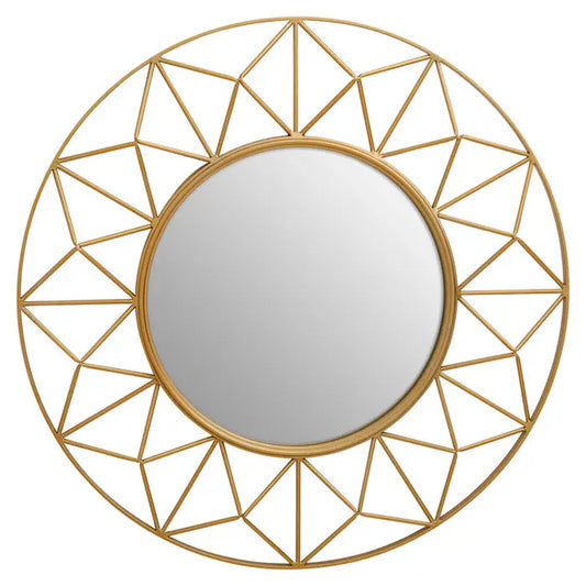 The wall mirror has a golden geometric frame with a round mirror, using symmetry to imitate the sun.  Dimensions; H71 x L5 x W71