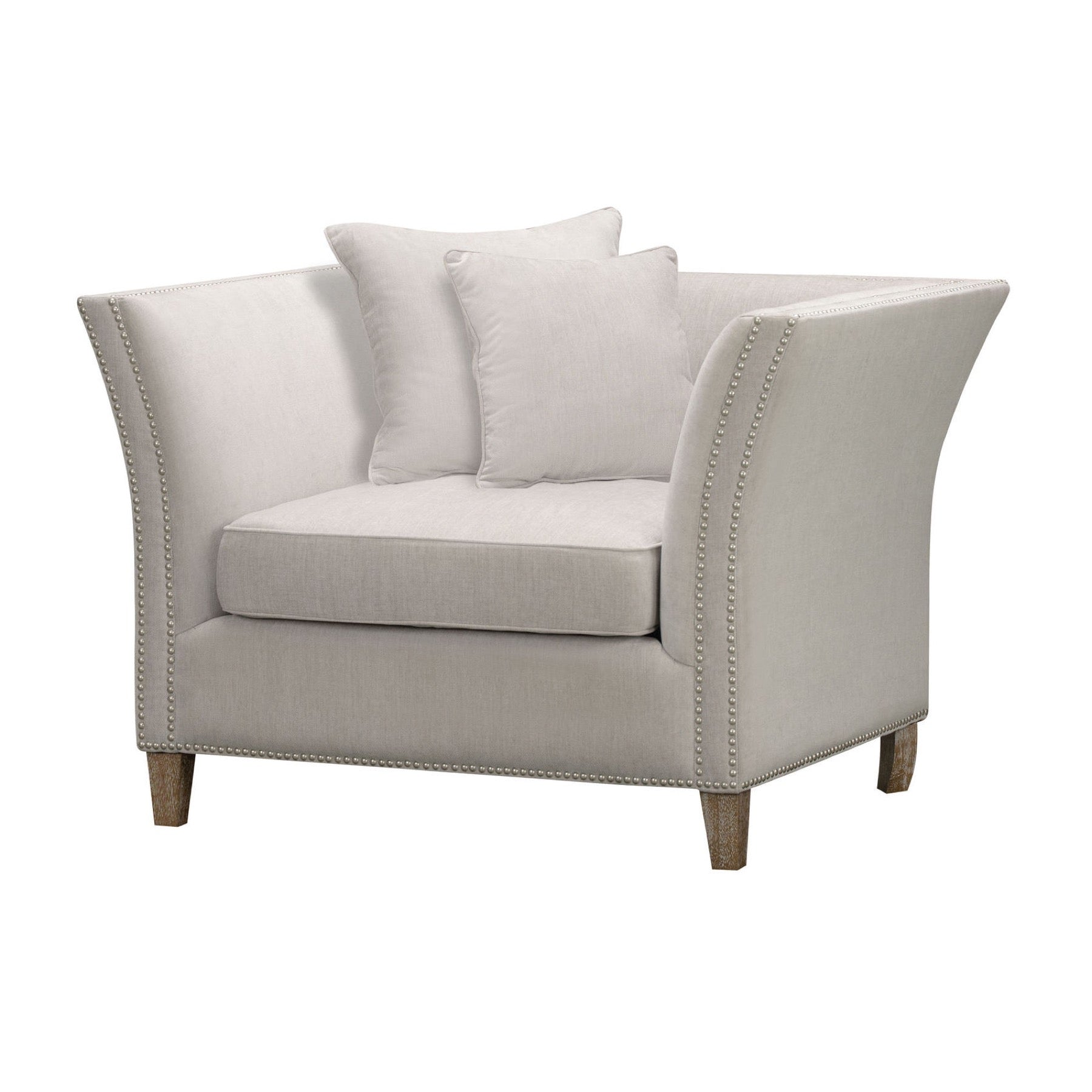 The Vera Snuggle Chair's serene, light grey fabric is as soft on the eye as it is to the touch. Finished with subtle silver studding and wooden feet, each piece has an understated elegance that will not date.  Dimensions; 91L x 120W x 74H