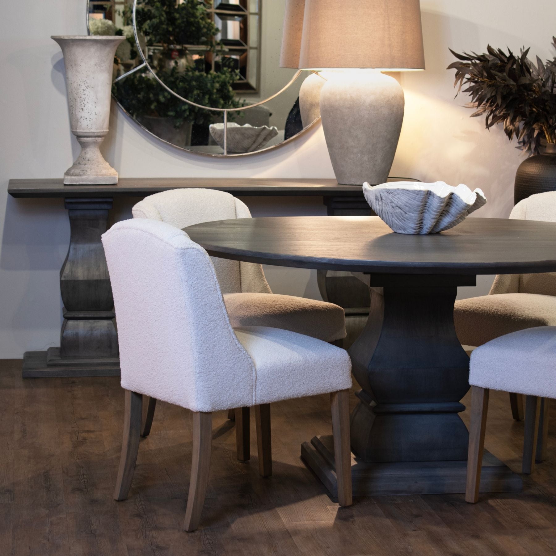 Grey console table.