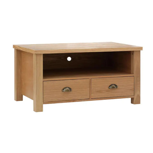 The Wilton media unit, with 2 drawers and an open shelf, provides ample storage space and warm look to your room.

Made from durable and reliable MDF, the solid design features a beautiful oak veneer to give the table a natural grain finish. Two equal sized drawers, with metal handles, provide you ample storage space for DVD's, magazines, remote controls etc.

Dimensions; H47 x L55 x W90