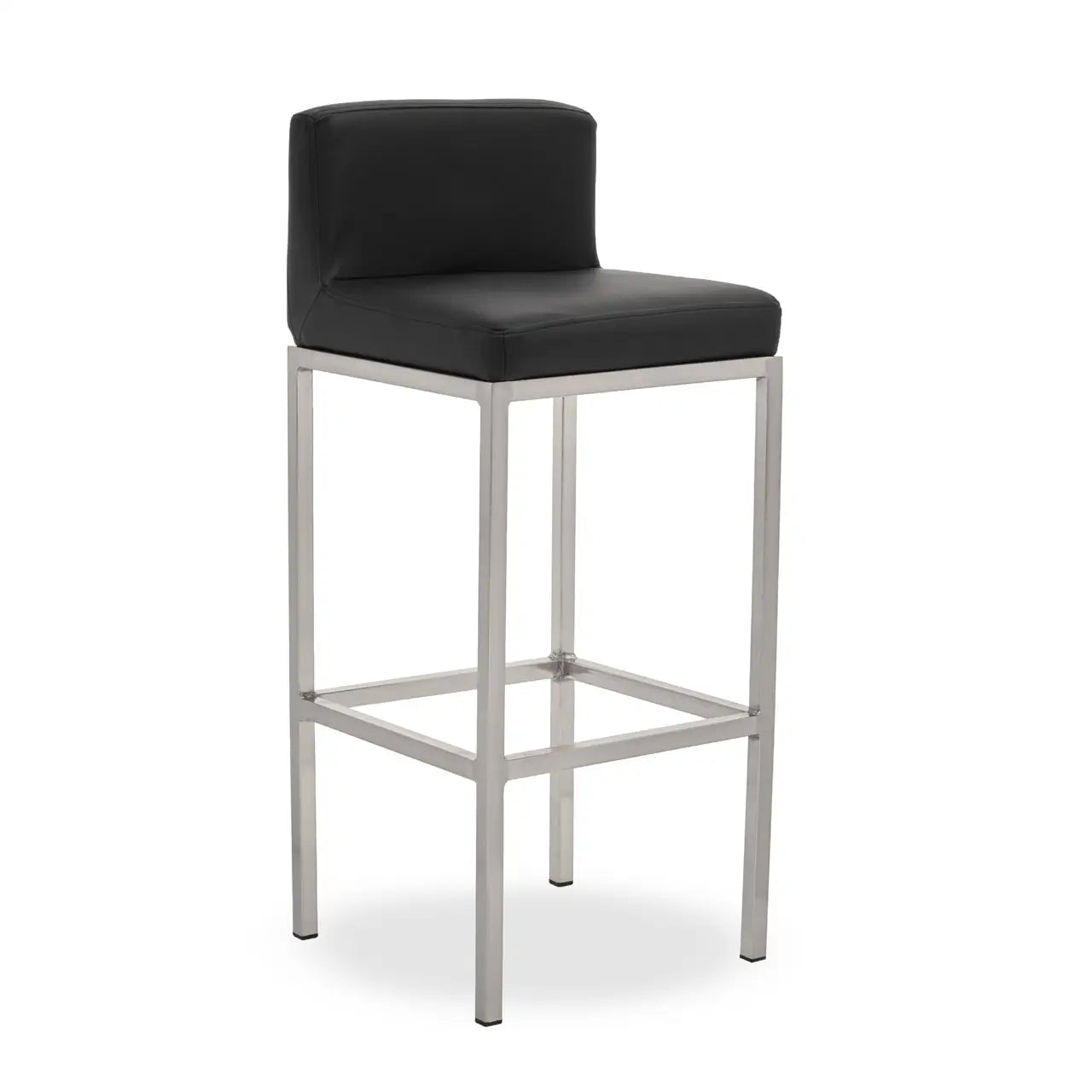 This chair will enhance the elegance of home bar area with clean and simple lines contributing to the contemporary look.

This bar chair's seat and low backrest are upholstered in black faux leather and soft cushioning. The chair is complete with straight chrome legs and footrests which contribute to the clean aaesthetic of the modern design.

Dimensions; H84 x L35 x W35