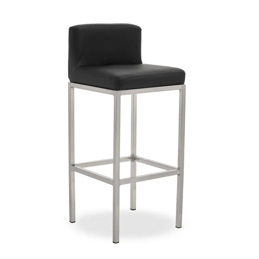 This chair will enhance the elegance of home bar area with clean and simple lines contributing to the contemporary look.

This bar chair's seat and low backrest are upholstered in black faux leather and soft cushioning. The chair is complete with straight chrome legs and footrests which contribute to the clean aaesthetic of the modern design.

Dimensions; H84 x L35 x W35