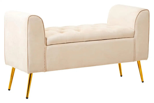 The Latitude storage bench exudes regal elegance with its stone velvet upholstery and gold finish iron legs.  This storage bench is upholstered in elegant stone velvet. The seat features plush cushioning with a tufted top that adds to its style. The angular gold finish legs enhance its visual appeal giving it a luxe aesthetic.  Dimensions; H63 x L40 x W111