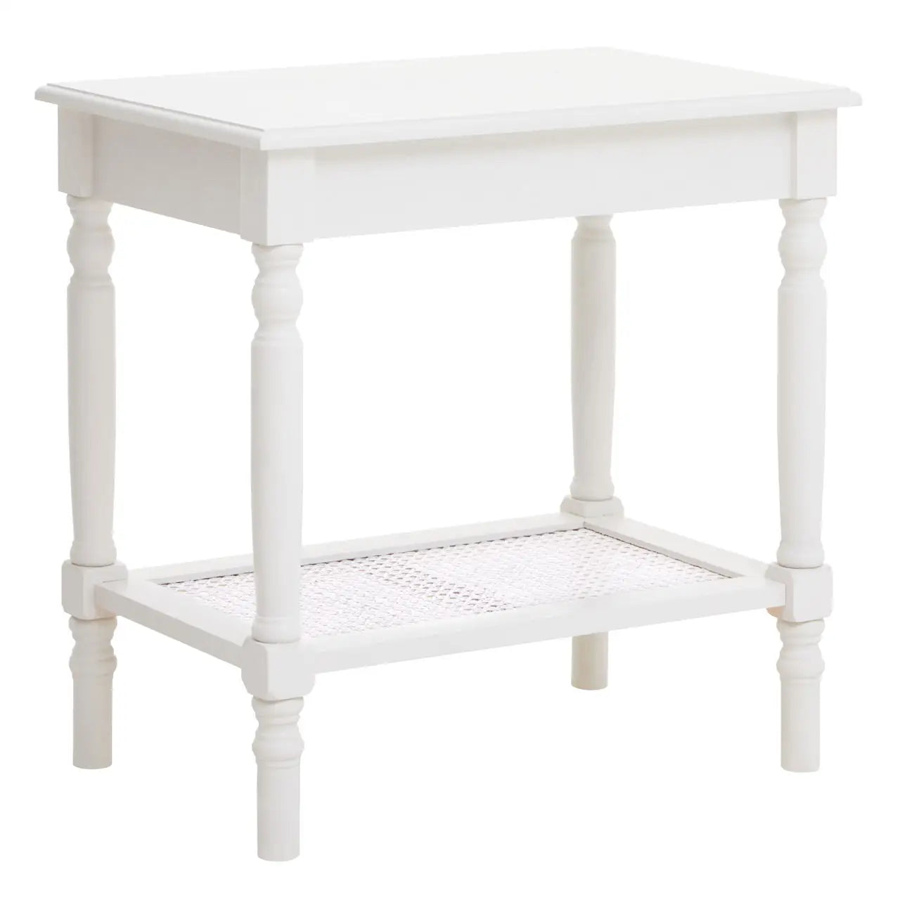 The Helder wooden side table has a subtle ivory finish that highlights carved details and a timeless aesthetic.  This wooden side table in an ivory finish brings a touch of sophistication, while the cane webbed lower shelf adds a unique, rustic charm. The carved spindle legs provide sturdy support and elevate elegance.  Dimensions; H60 x L40 x W60