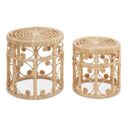 This set of two side tables in natural rattan accent elevates a natural living decor.

Maho rattan set two side tables this decorative tables are made from natural rattan that enhances organic warmth and character. The round top is tightly weaved and complements the open base in a stunning scrolled design.

Dimensions; H46 x L46 x W46