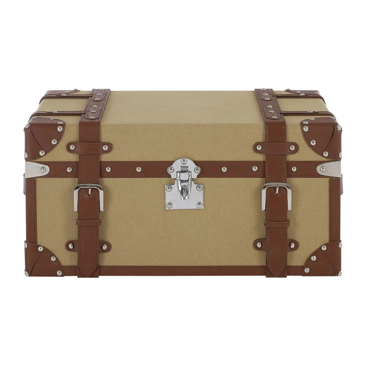 The Corinthian small storage trunk is a stylish organizational option made with a vintage steamer chest design.

The case is made from eco-friendly mango wood and is upholstered with canvas to give it a textured finish. The sand coloured canvas complements the real leather strapping and corner detail. Polished studs decorate the leather and complement the reflective clasp lock and buckles that secure its lid. Real leather handles add a further decorative touch to its sides.

Dimensions; H30 x L45 x W60