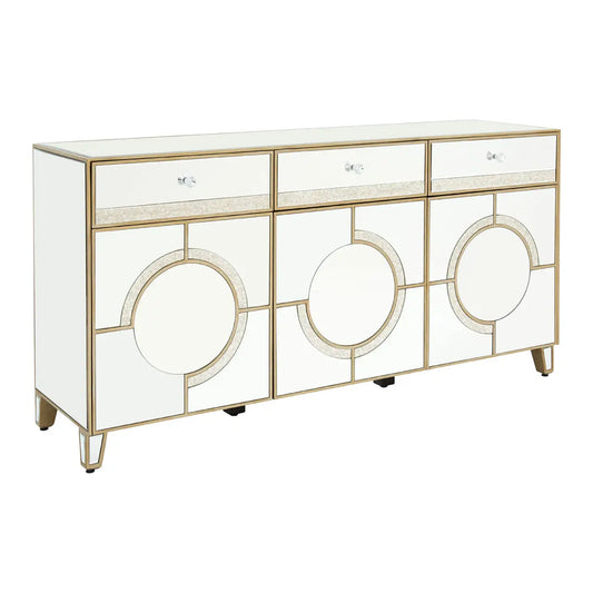 The large Kensington cabinet boasts three wide drawers and two spacious cupboards.  Created from mirrored glass panels, the luxurious cabinet's body coordinates with the faceted, clear crystal-style knobs that embellish each drawer. Antique finished mirrored glass motifs add a decorative element to the façade of each drawer and door.  Dimensions; H80 x L45 x W158