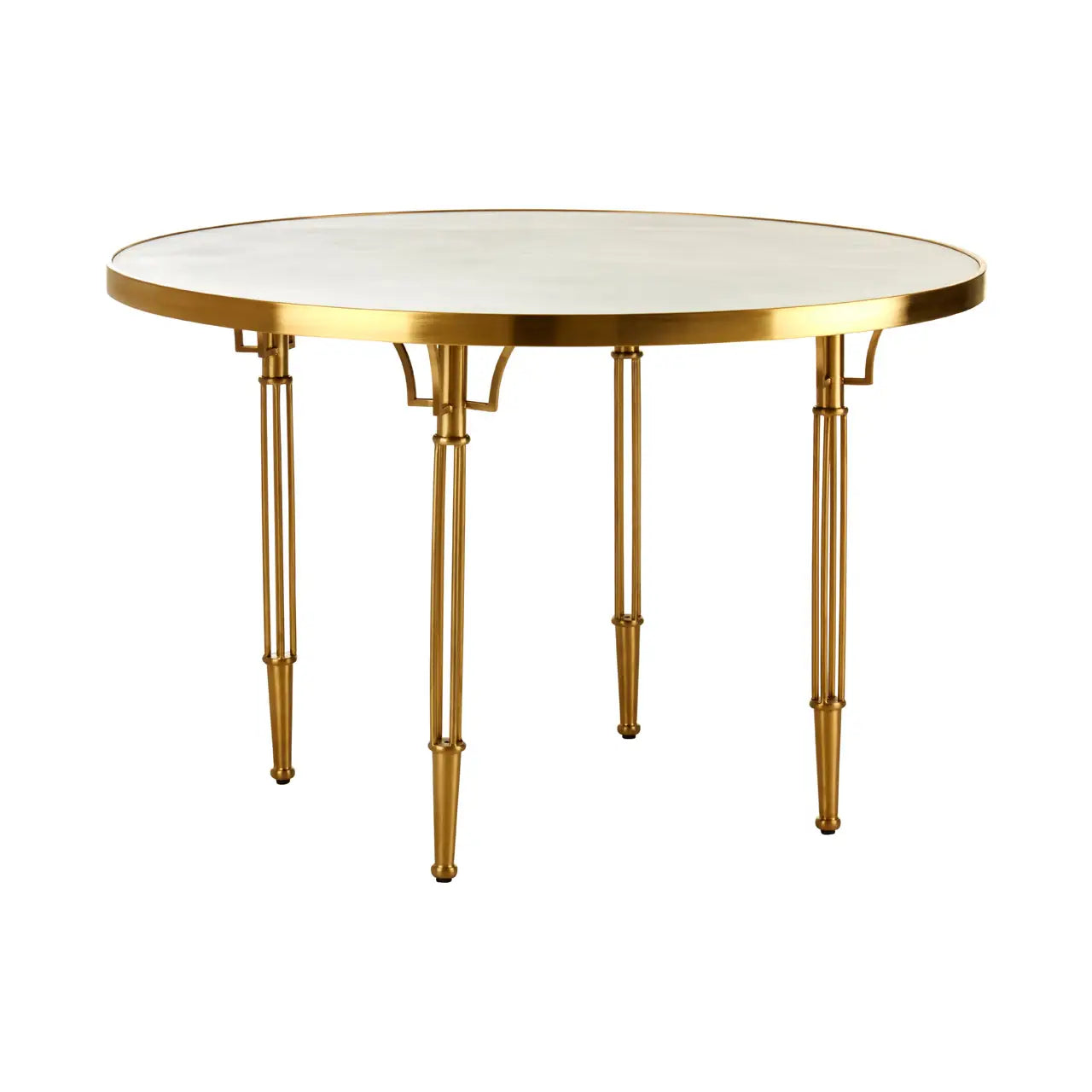 The Malvern dining table has a concrete plywood white top which is complemented by sleek sturdy brushed gold metal legs.  This round dining table is made of sturdy concrete plywood that ensures durability. The brushed gold finish metal legs perfectly complement the tabletop, adding elegance to the dining space.  Dimensions; H76 x L120 x W120