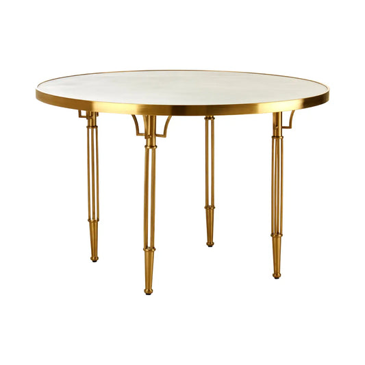 The Malvern dining table has a concrete plywood white top which is complemented by sleek sturdy brushed gold metal legs.  This round dining table is made of sturdy concrete plywood that ensures durability. The brushed gold finish metal legs perfectly complement the tabletop, adding elegance to the dining space.  Dimensions; H76 x L120 x W120