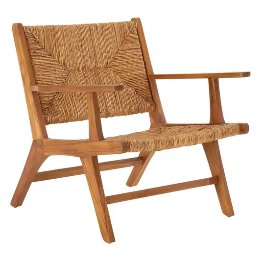 The natural wood Lullaby chair features rich grain patterns that enhance its organic appeal.

Embracing organic, minimalist design, the Lullaby armchair boasts a relaxed silhouette with a subtly reclined backrest and slender carved arms. The contemporary armchair is crafted from teak wood and natural rattan.

Dimensions; H75 x L74 x W71