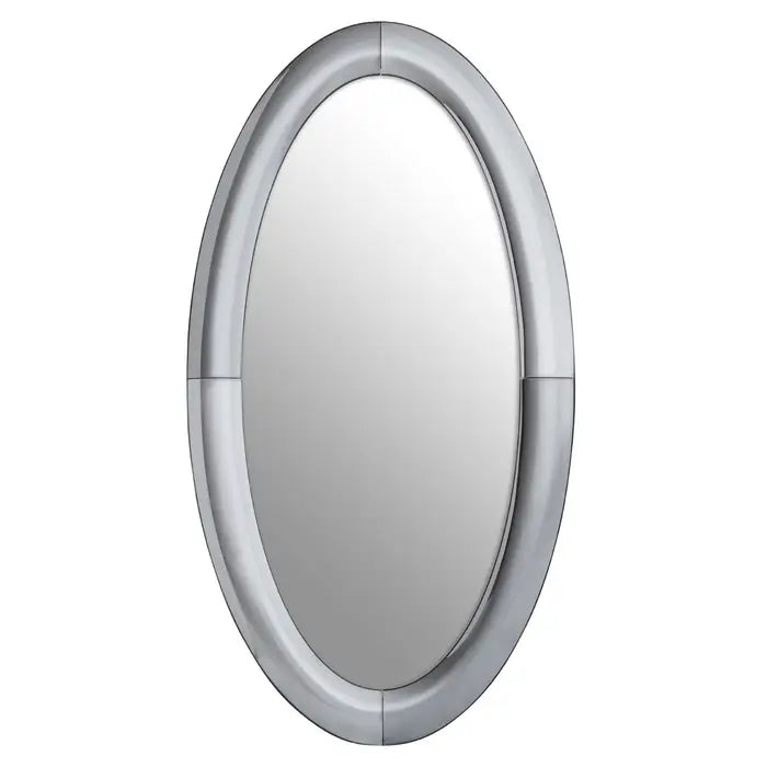 Make a statement with the Joy wall mirror. The mirror has art deco style silver panels that join together creating a dramatic oval frame. This simple design works well with a multitude of interior design styles.  Dimensions; H150 x L4 x W80.3