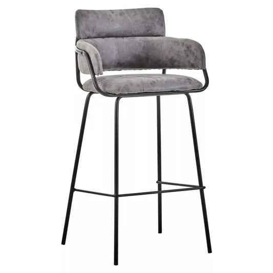 The Totem bar chair has grey faux leather upholstery that complements the black finish metal frame for a stylish and elegant look.

This bar chair features a sumptuously padded seat, low back and flared armrests, upholstered in soft grey faux leather. The seat rests above gold finish metal tubular legs which adds stability, while the footrest enhances support.

Dimensions; H96 x L51.5 x W53