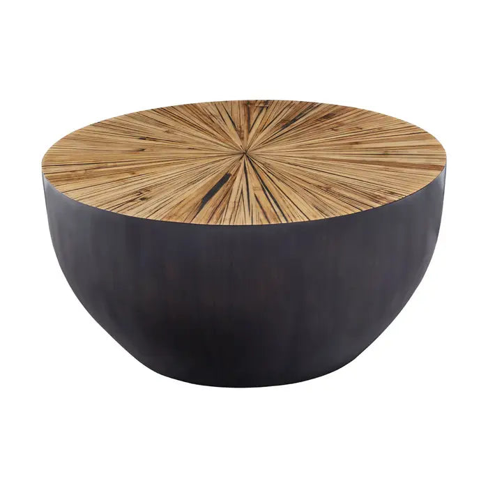 Add a touch of warmth with understated elegance to the living room with this small natural bamboo coffee table.

Handcrafted from bamboo, this small coffee table features smooth sides with a sleek edge. The countered base in dark ebony and natural shade contrasts the decorative sunburst pattern on the rounded top and elevates natural charm and style.

Dimensions; H40 x L80 x W80
