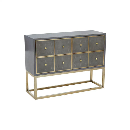 Add a touch of casual opulence to home decor with the Diablo grey shagreen effect console table in a sleek profile and luxurious accent.  Dimensions; H90 x L40 x W120