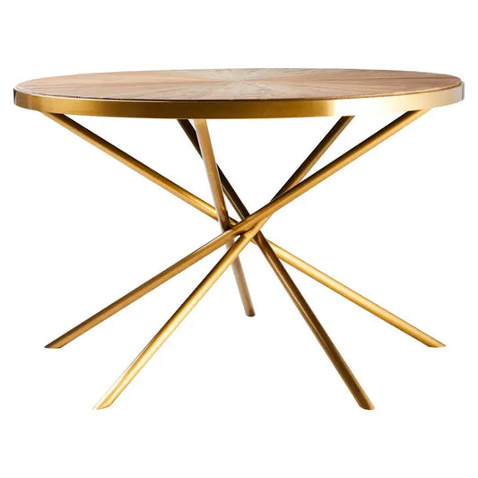 This dining table has a natural wooden top that is offset with the warm metallic glamorous legs to enhance the contemporary aesthetic.  This dining table will make a bold statement with its gold finish stainless steel frame featuring a series of vertical lines which are tied together to form the base. Aged fir wood slab sit above the quirky base and contrasts the luxe accent.  Dimensions; H77 x L120 x W120