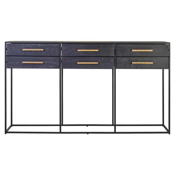 This console table gives a contemporary aesthetic with straight lines of metal forming a sled base.

This six drawer console table has black wood veneer outer which gives it a smooth look. Each sliding drawer is complemented with a sleek gold finish handle giving it a luxe effect. Angular lines of black finish metal base coordinate with solid hues.

Dimensions; H91 x L160 x W40