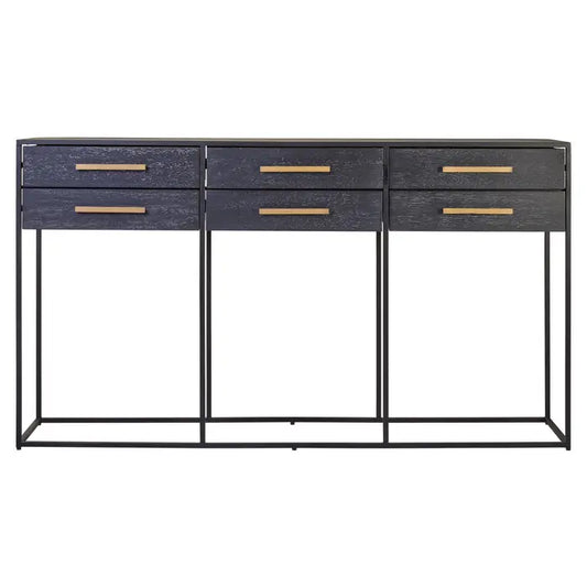 This console table gives a contemporary aesthetic with straight lines of metal forming a sled base.

This six drawer console table has black wood veneer outer which gives it a smooth look. Each sliding drawer is complemented with a sleek gold finish handle giving it a luxe effect. Angular lines of black finish metal base coordinate with solid hues.

Dimensions; H91 x L160 x W40