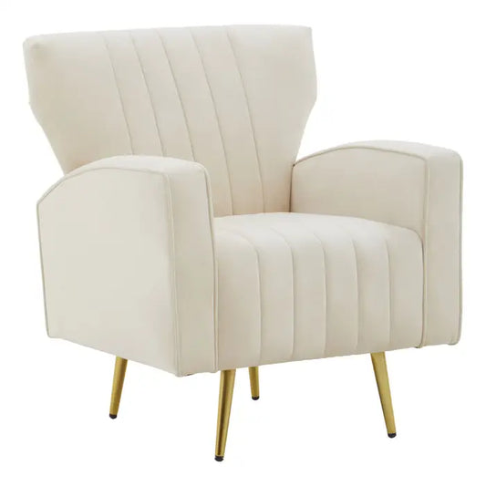 The Halo armchair is a harmony of relaxation and style with plush natural velvet upholstery and gold finish metal legs.  This armchair has a modern retro style with a winged back and natural velvet upholstery. The vertical channel tufting on the seat lends a decorative detail to it. The slanted legs enhance the visual appeal of the armchair.  Dimensions; H68 x L78 x W73