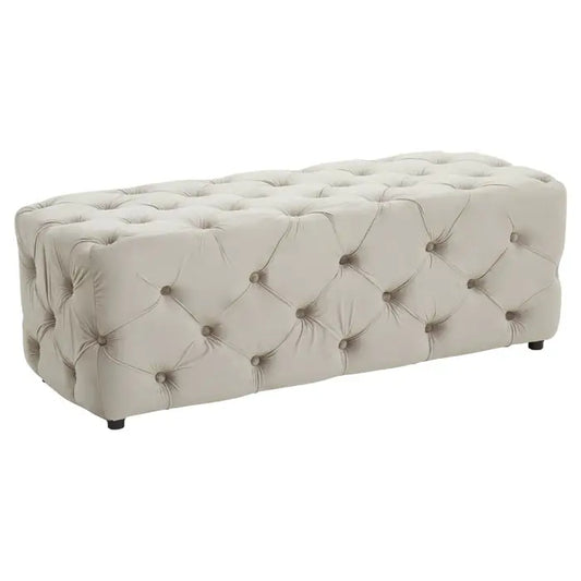 Plain white background with traditional button-tufted bench, upholstered with soft touch mink velvet.  