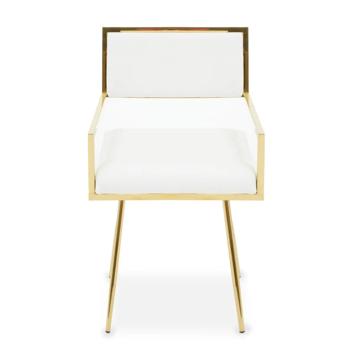 Picture of our Allure ivory leather effect dining chair with gold finish stainless steel square frame with plain white background.