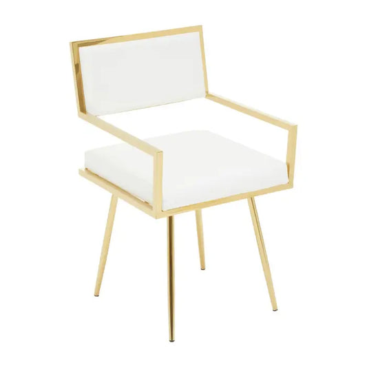 Picture of our Allure ivory leather effect dining chair with gold finish stainless steel square frame with plain white background.