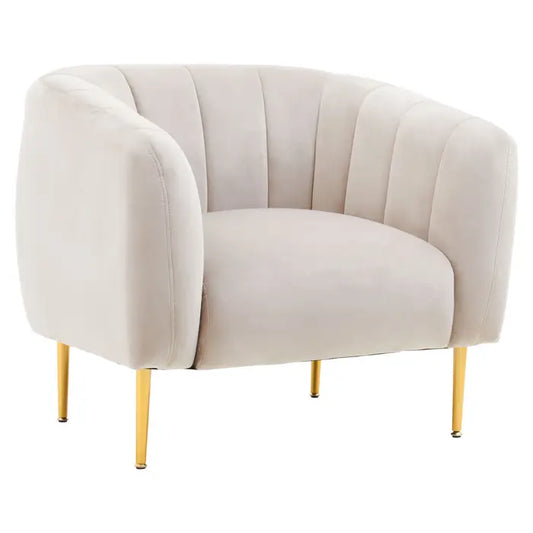 This silver grey velvet chair has an elegant barrel back and sleek gold tone metal legs which elevate mid century modern glamour.  Dimensions; H71 x L74 x W83;