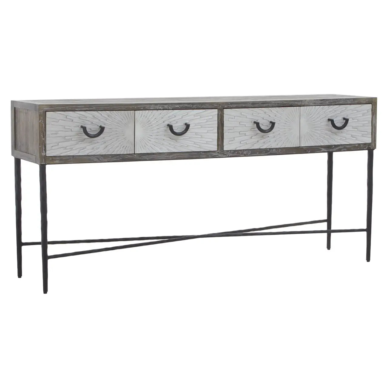 The sleek Miah elmwood console table has a dark mud grey finish, complemented by sturdy iron legs.  This mud grey console table has four drawers, providing ample storage space. The antique iron legs enhance the wooden texture of the table and give luxurious look to the room.  Dimensions; H45 x L175 x W88
