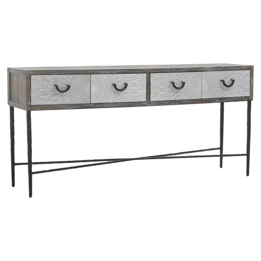 The sleek Miah elmwood console table has a dark mud grey finish, complemented by sturdy iron legs.  This mud grey console table has four drawers, providing ample storage space. The antique iron legs enhance the wooden texture of the table and give luxurious look to the room.  Dimensions; H45 x L175 x W88