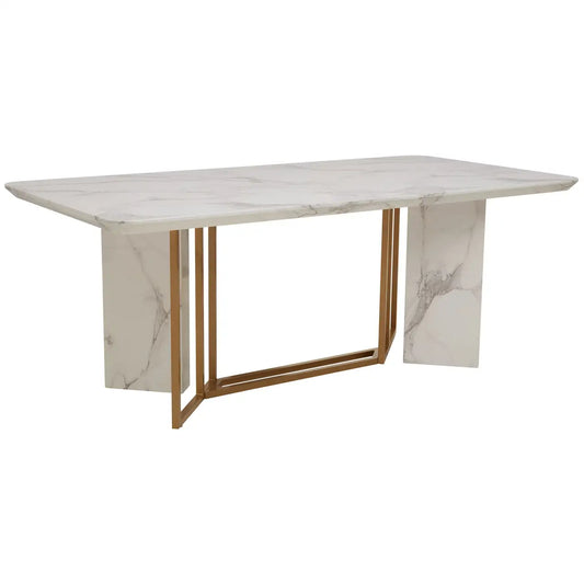 This dining table&nbsp;will make a dramatic statement with its sculptural base in luxe and soft accents.  This Vestra dining table has rectangular white mable top and supported by gold polished base and marble pieces. The sleek design of this table contributes to the minimalistic charm of mid-century design.  Dimensions; H76 x L100 x W200