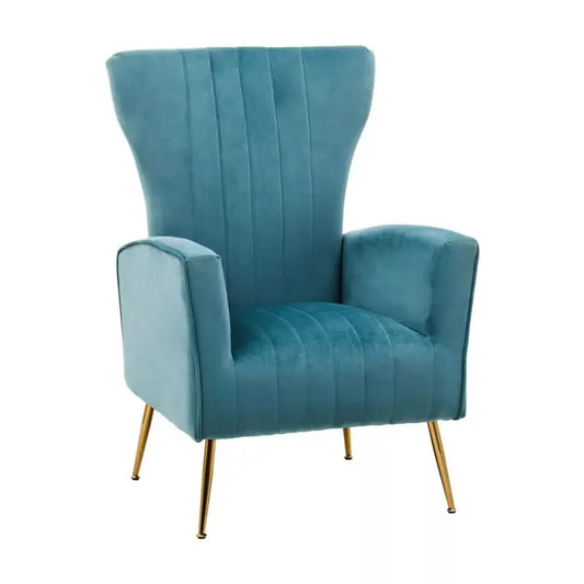 The Zenith accent chair blends comfort and luxury with its sumptuous foam padded seat in green velvet upholstery and gold finish legs.

This green velvet accent chair exudes elegance with its vertical channel tufting on the backrest and seat. The arms slope inwards, adding style and comfort. The winged backrest and slanted legs give the chair a captivating visual appeal.

Dimensions; H102 x L80 x W72
