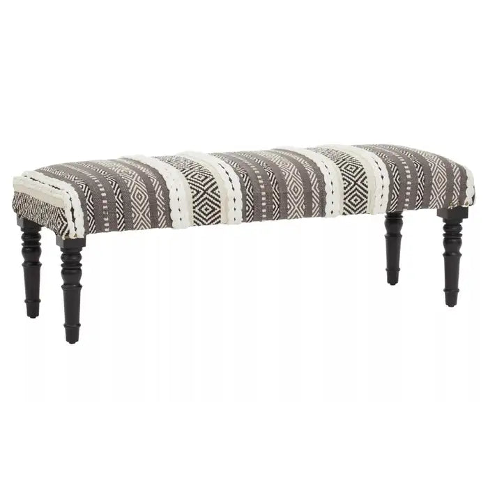 The Cofta grey and white textured Moroccan bench is supported by sturdy mango wood legs.

With its strong and sturdy wooden frame, this bench gives a boho touch to any space. The top of the bench is well cushioned, providing comfort, while the grey and white relaxed fabric provide style.

Dimensions; H40 x L40 x W120