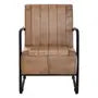  Grey leather armchair with sleek black iron frame.