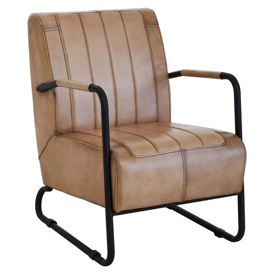  Grey leather armchair with sleek black iron frame.