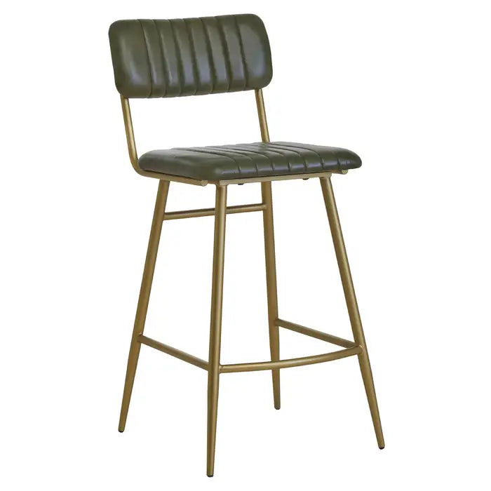 The Beryl bar chair combines green leather, subtle channel tufting, and a sleek gold finish iron frame to create a modern statement.

This bar chair has a soft padded seat and backrest, upholstered in genuine green leather which features vertical channel tufting. The seat and backrest are complemented by the sleek angular gold finish iron frame.

Dimensions; H99 x L56 x W46