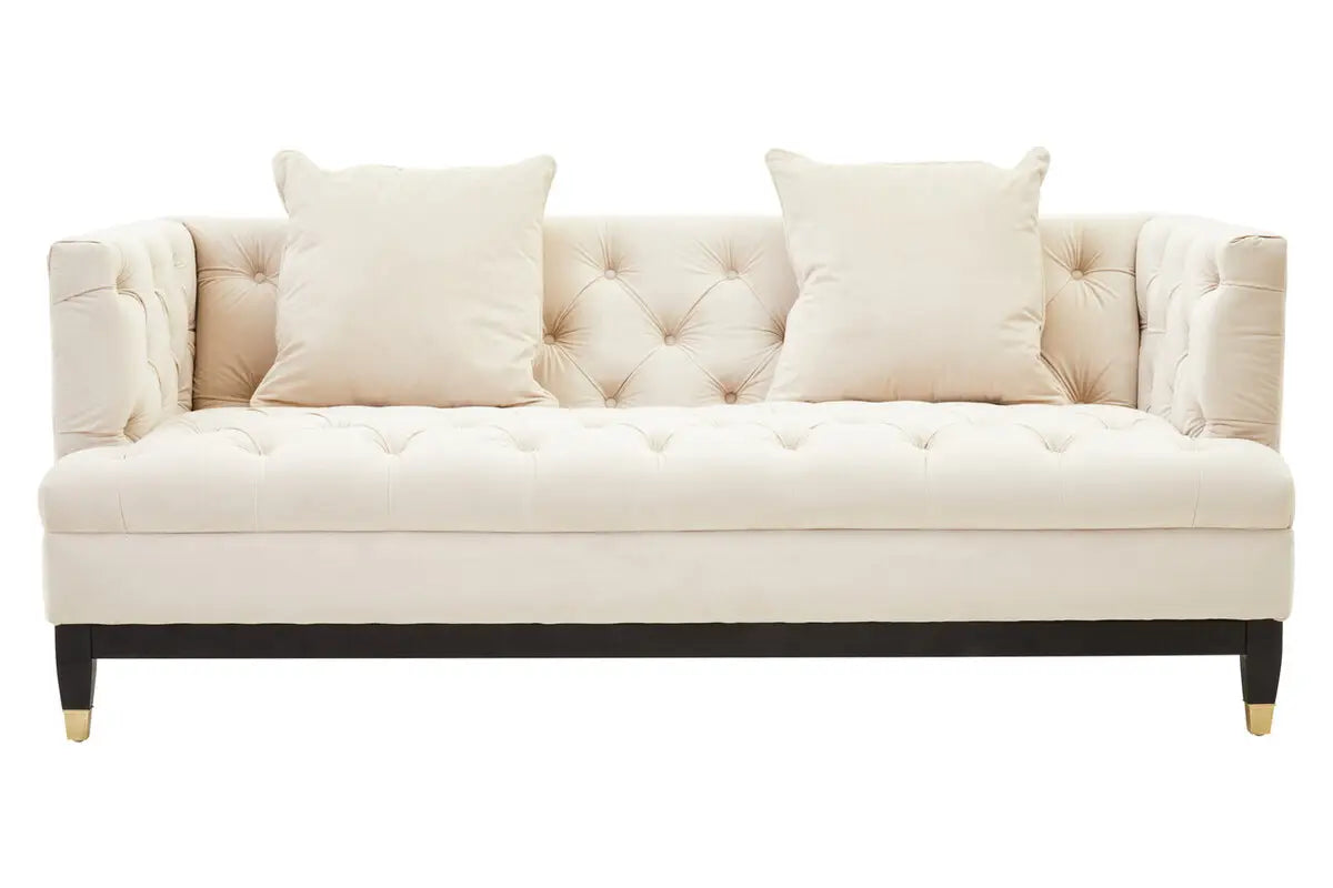 A modern twist on a classic chesterfield, the Serenity two seat viola sand fabric sofa brings style and sophistication to any space.  This two seat sofa is upholstered in viola sand fabric with plush seat cushions and deep button tufting. Supported by wooden legs with pointed gold finish caps, the sofa combines sleek design with a touch of elegance  Dimensions; H76 x L90 x W188