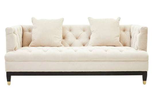 A modern twist on a classic chesterfield, the Serenity two seat viola sand fabric sofa brings style and sophistication to any space.  This two seat sofa is upholstered in viola sand fabric with plush seat cushions and deep button tufting. Supported by wooden legs with pointed gold finish caps, the sofa combines sleek design with a touch of elegance  Dimensions; H76 x L90 x W188