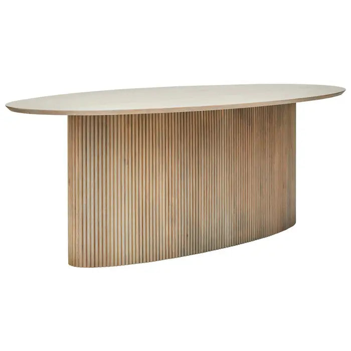 The Tiempo mango wood oval dining table in grey finish will create a rustic charm in nature-inspired decor settings.

This modern dining table has an oval tabletop supported by an oval-shaped base, featuring a ridge detail. With a smooth, spacious surface and a sleek design, this wooden dining table is an ideal choice for family gatherings or dinner parties.

Dimensions; H76 x L110 x W220
