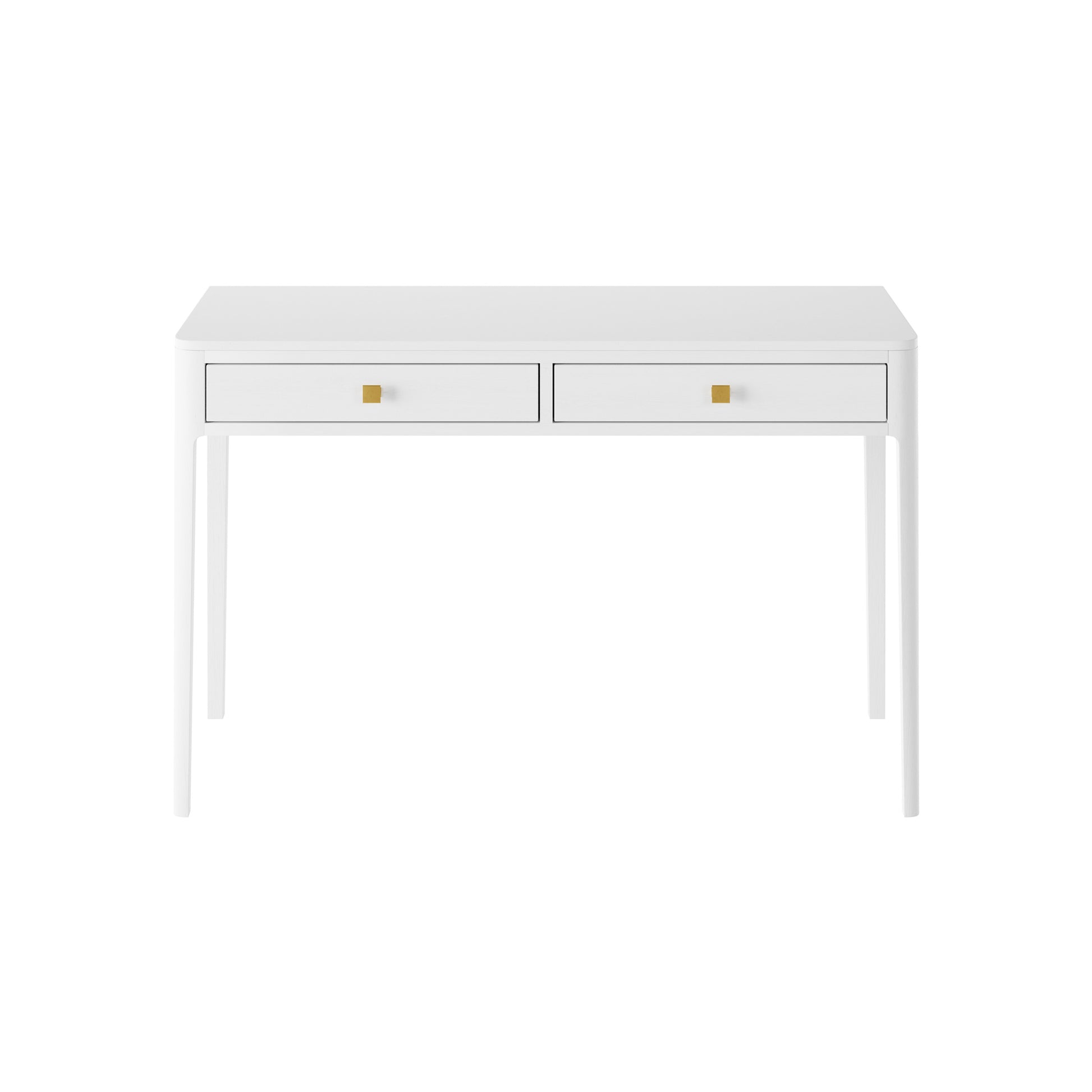Elegant white 2 drawer simplistic console table with gold handles.. 