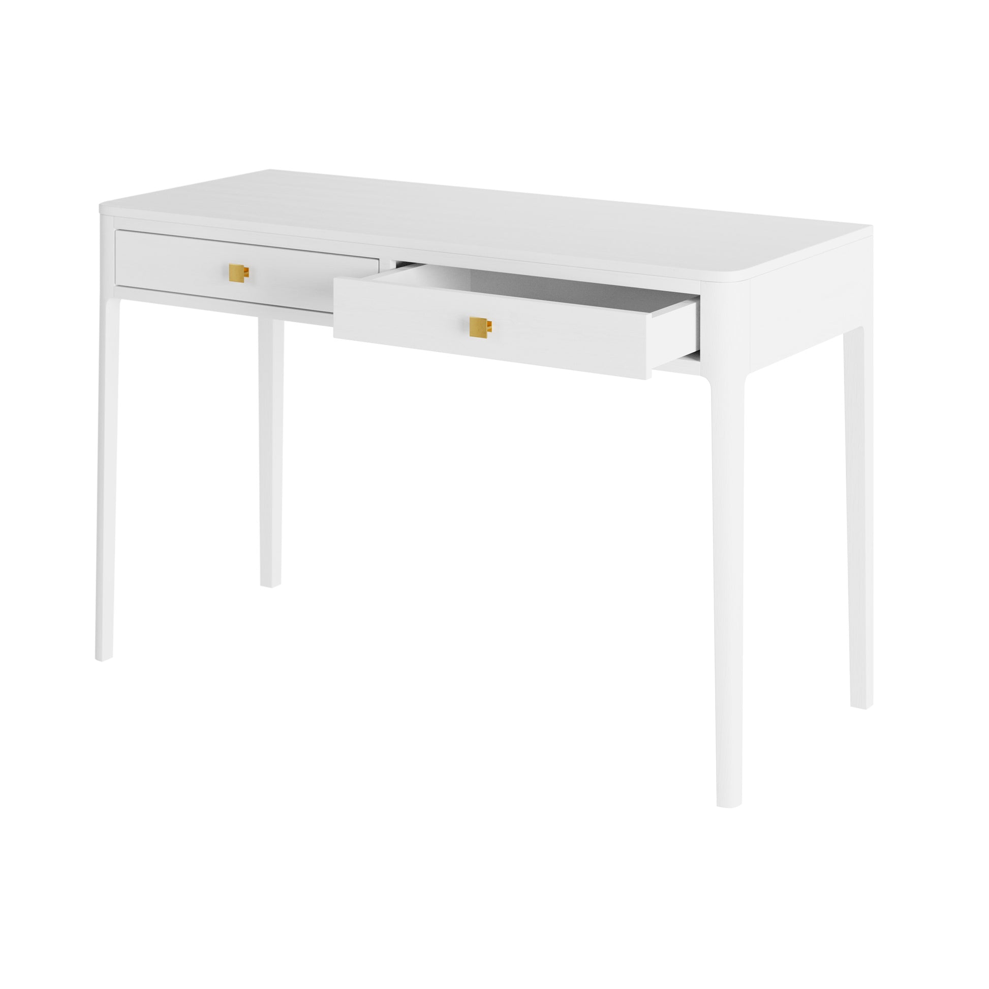 Elegant , simplistic white 2 drawer console table with gold handles. 