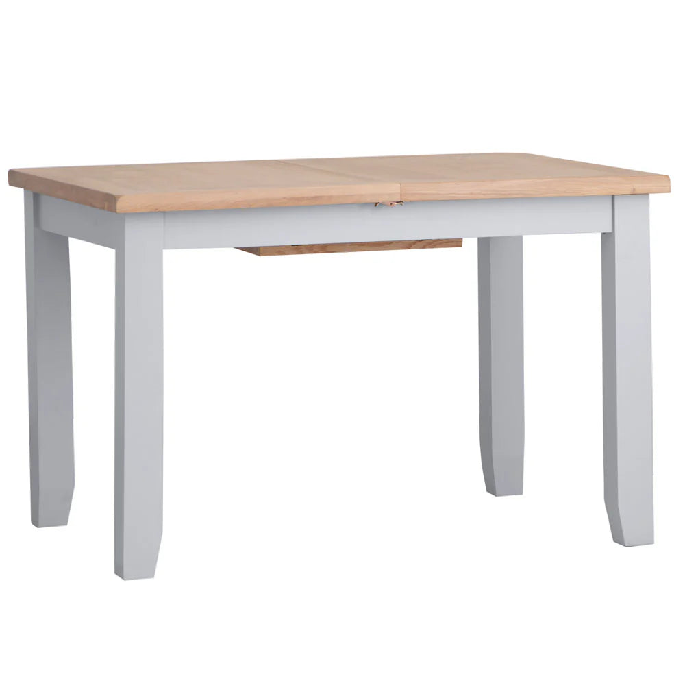 The Ernest&nbsp;range has washed Oak tops and beautifully painted finish. This range has Chrome elements. A warm contemporary design that adds a classic but stylish feel to your home.  Dimensions; 120/165 x 85 x 78 cm