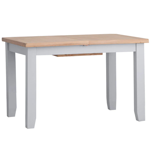 The Ernest&nbsp;range has washed Oak tops and beautifully painted finish. This range has Chrome elements. A warm contemporary design that adds a classic but stylish feel to your home.  Dimensions; 120/165 x 85 x 78 cm