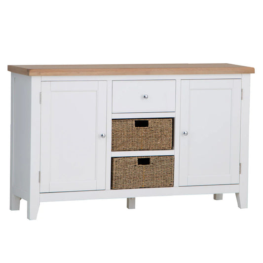 Ernest Dining has washed Oak tops and beautifully painted finish. This range has Chrome elements. A warm contemporary design that adds a classic but stylish feel to your home.  Dimensions; 140 x 40 x 85 cm