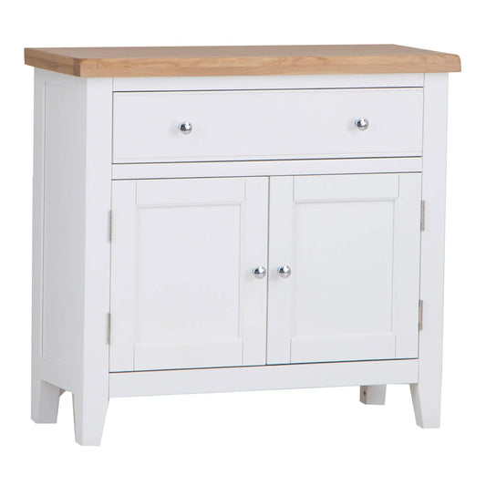 Ernest Dining has washed Oak tops and beautifully painted finish. This range has Chrome elements. A warm contemporary design that adds a classic but stylish feel to your home.  Dimensions; 85 x 35 80 cm