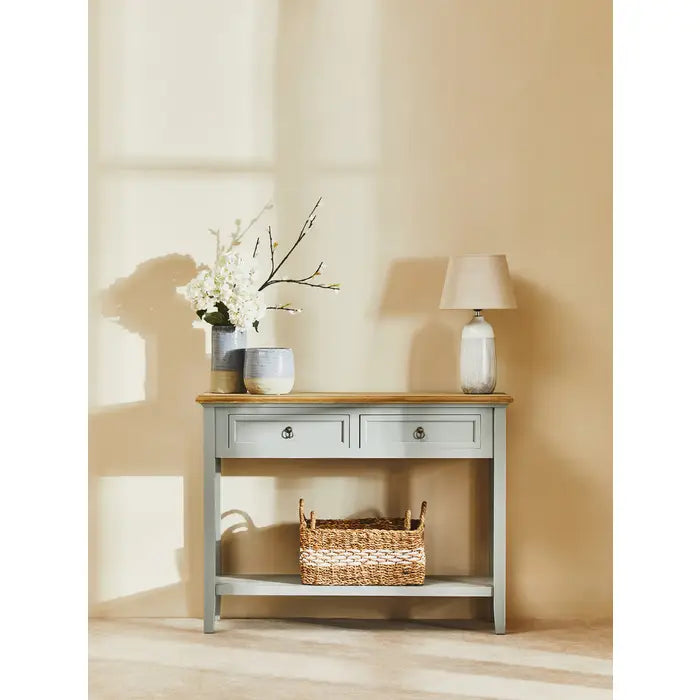 Console table stylish in a beautiful grey finish with natural wood coloured top.