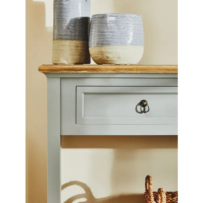 Console table stylish in a beautiful grey finish with natural wood coloured top.