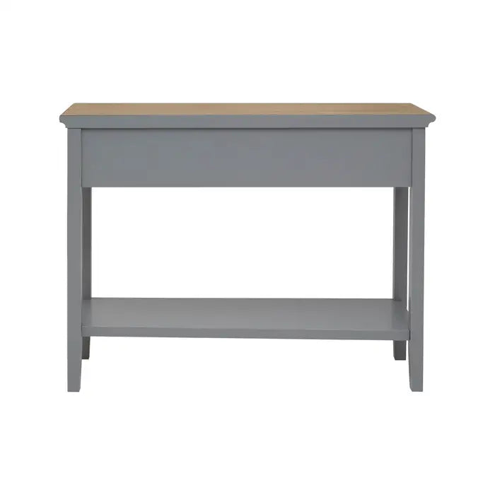 Console table stylish in a beautiful grey finish with natural wood coloured top.